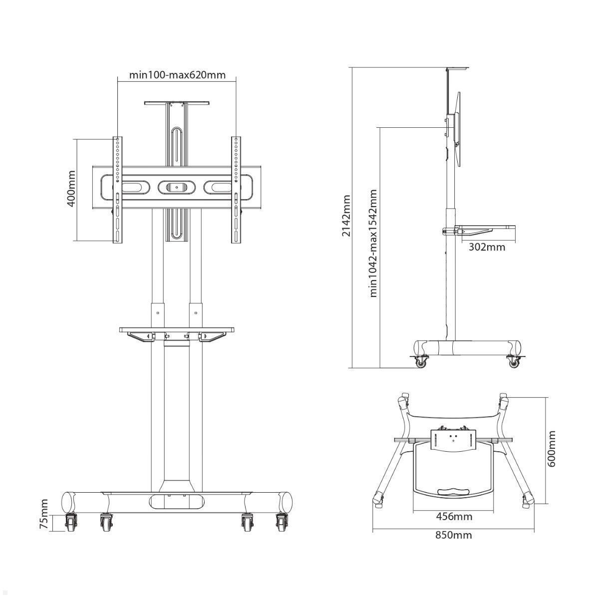 Neomounts NM-M1700BLACK mobiler Videokonferenz Monitorständer, schwarz, Zeichnung, Maße