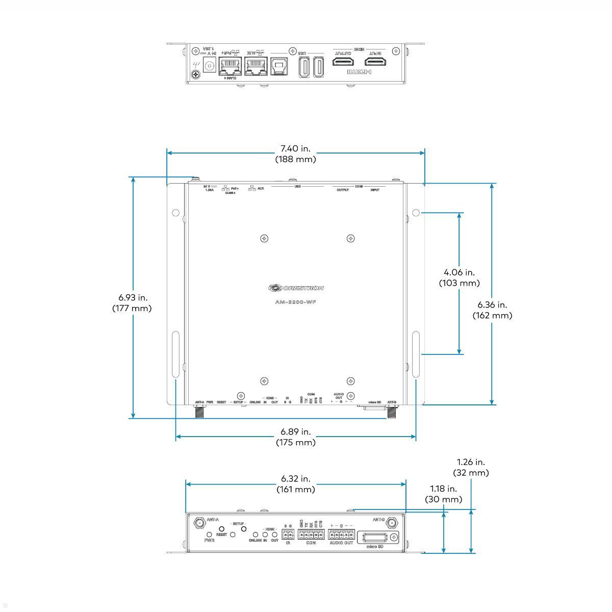 Crestron AirMedia Empfänger 3200 mit WLAN-Netzwerkverbindung (AM-3200-WF-I), Abmessungen