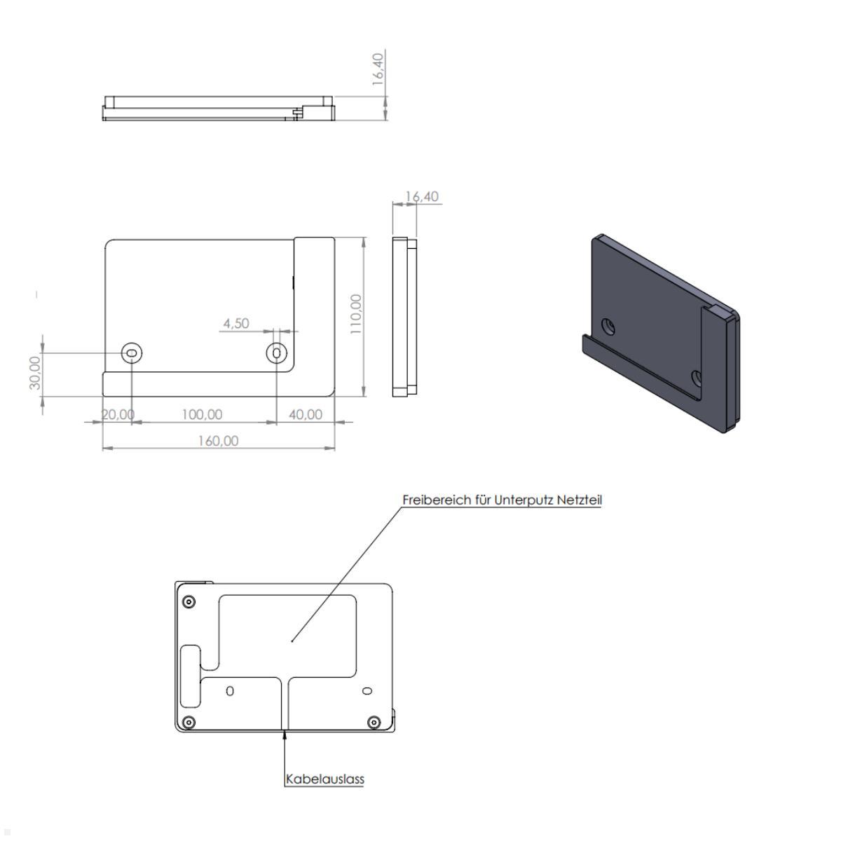 TabLines TWP019B Wandhalterung für Apple iPad Mini 6 (2021), schwarz, Zeichnung Maße ohne Tablet