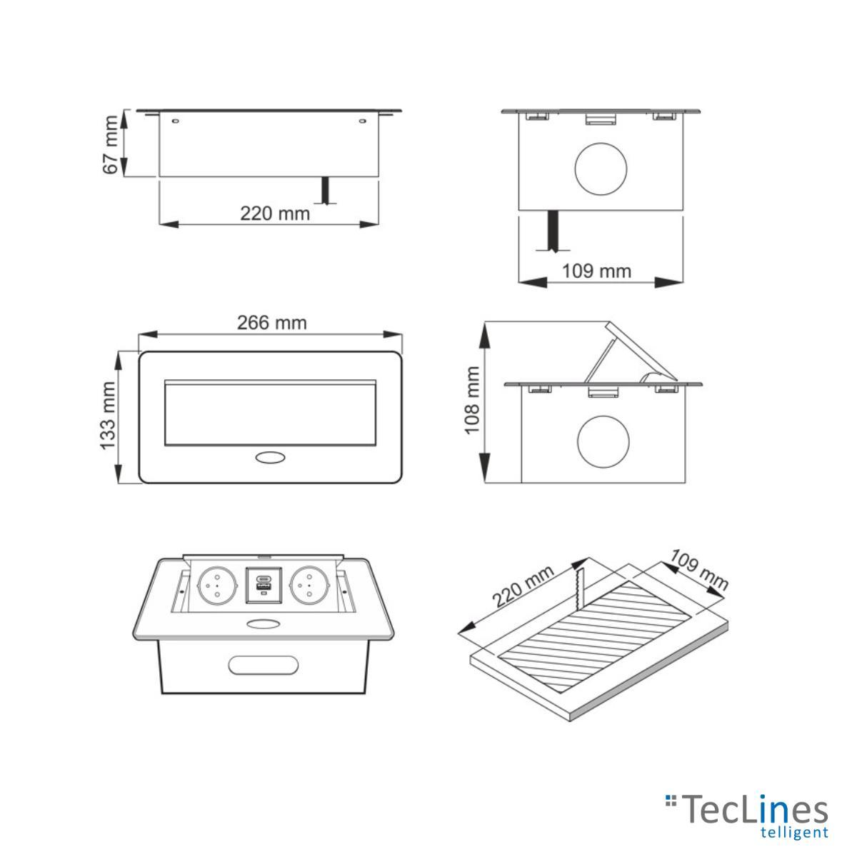 TecLines TES009B 2-fach Einbausteckdose mit USB A/C Charger, 3m Kabel, schwarz technische Zeichnung