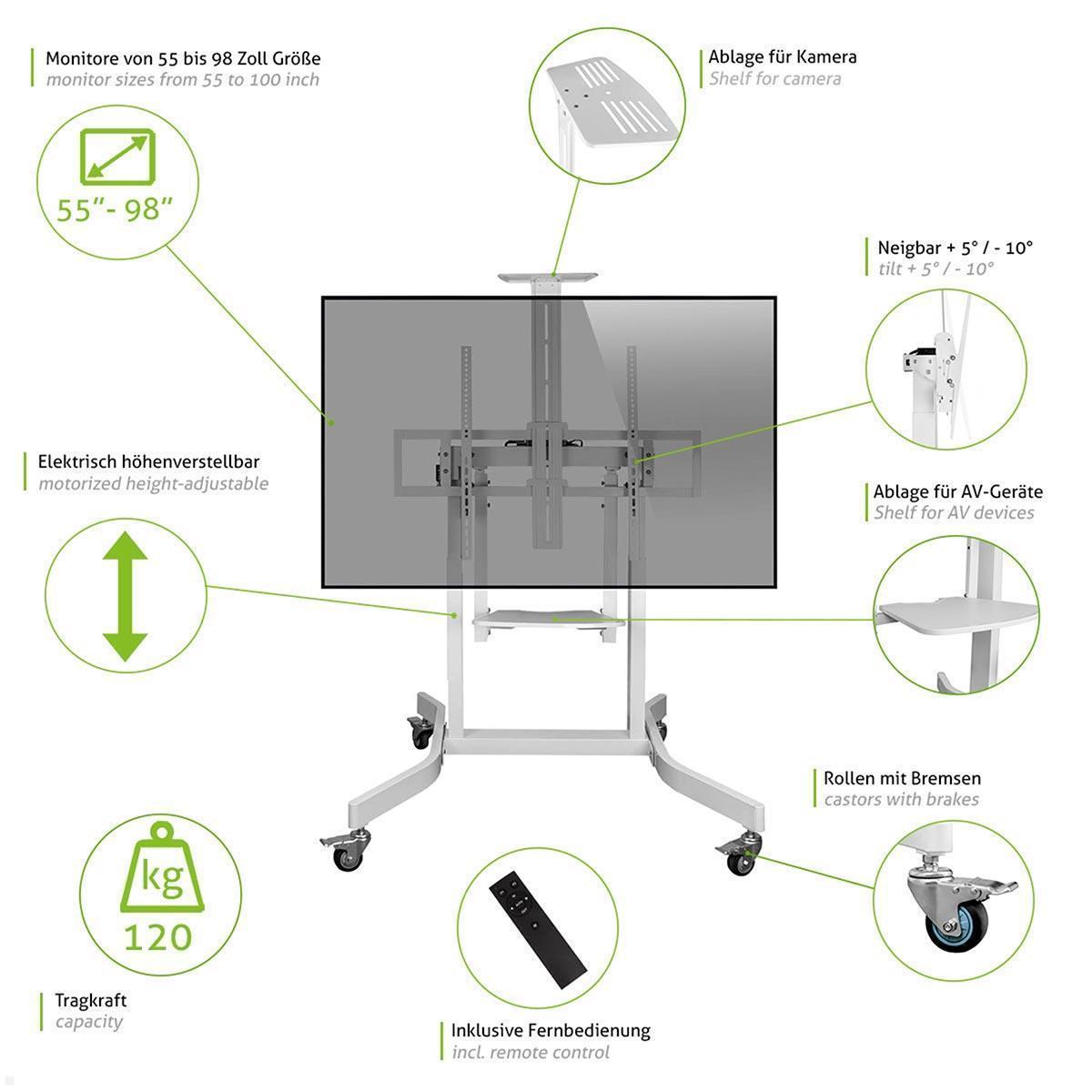 MonLines MBS012W Elektrischer Monitorständer auf Rollen mit Ablage bis 98 Zoll Funktionen