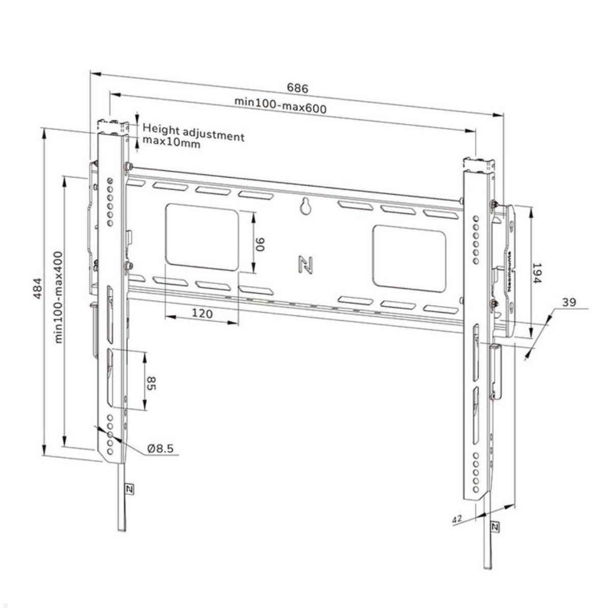 Neomounts Level WL30-750BL16 flacher Schwerlast TV Wandhalter 42 - 86 Zoll, 125 kg, schwarz technische Zeichnung