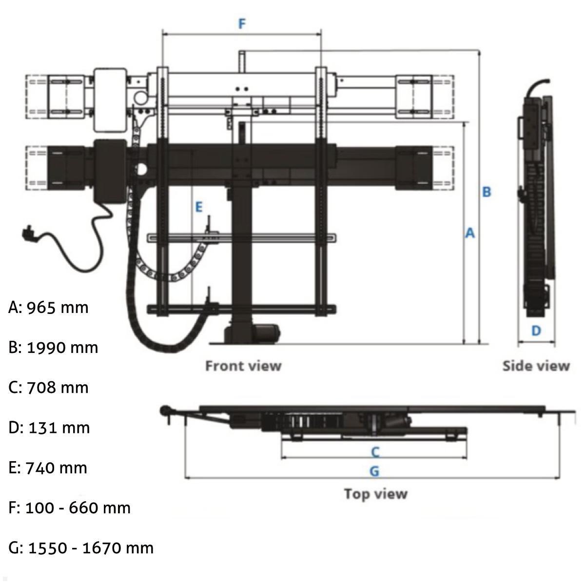 MonLines MLS028B Einbau TV Lift bis 70 Zoll, 1025 mm Hub, Maße