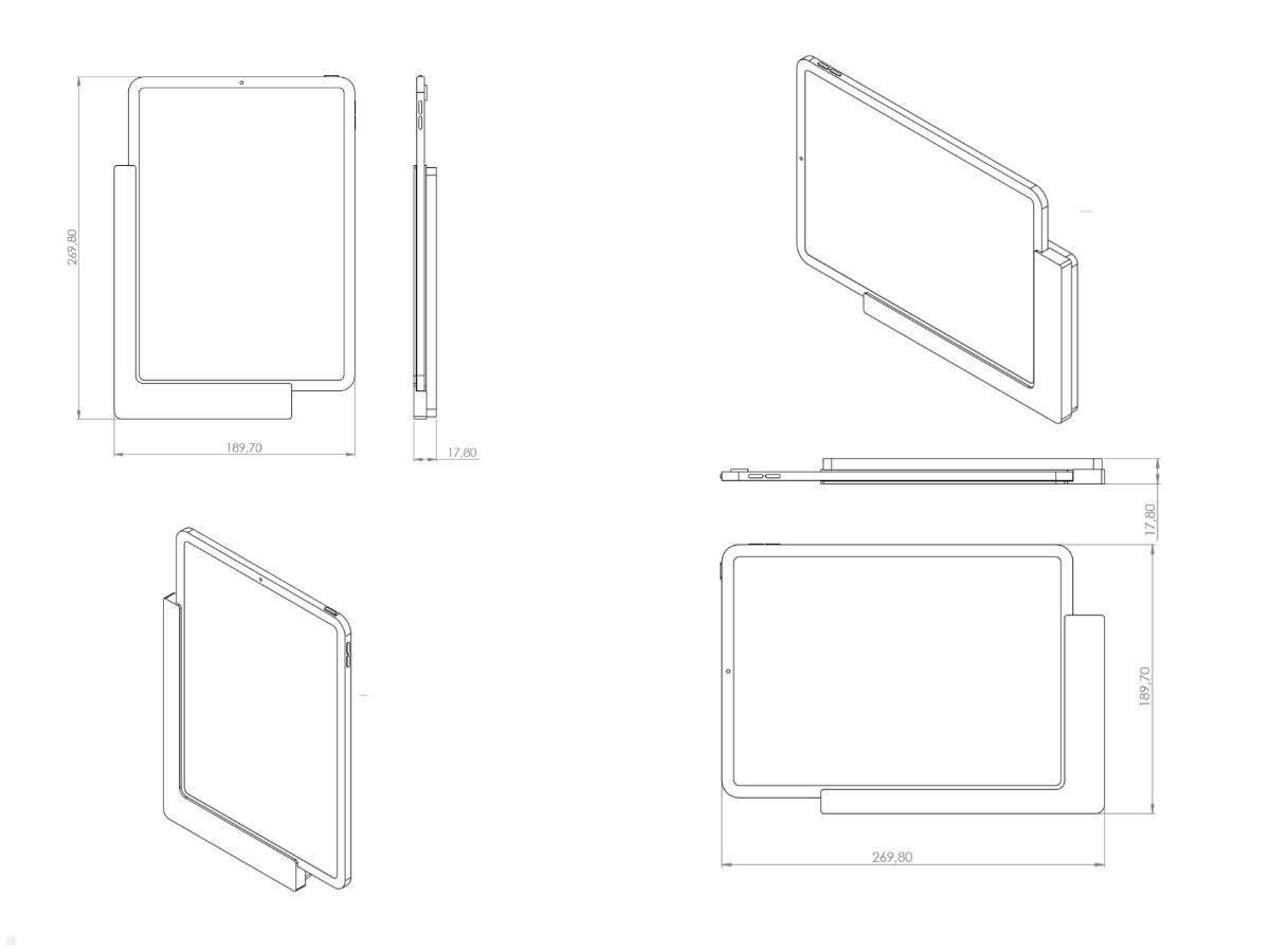 TabLines TWP003S Wandhalterung für iPad Pro 11.0, silber, Zeichnung Maße mit Tablet