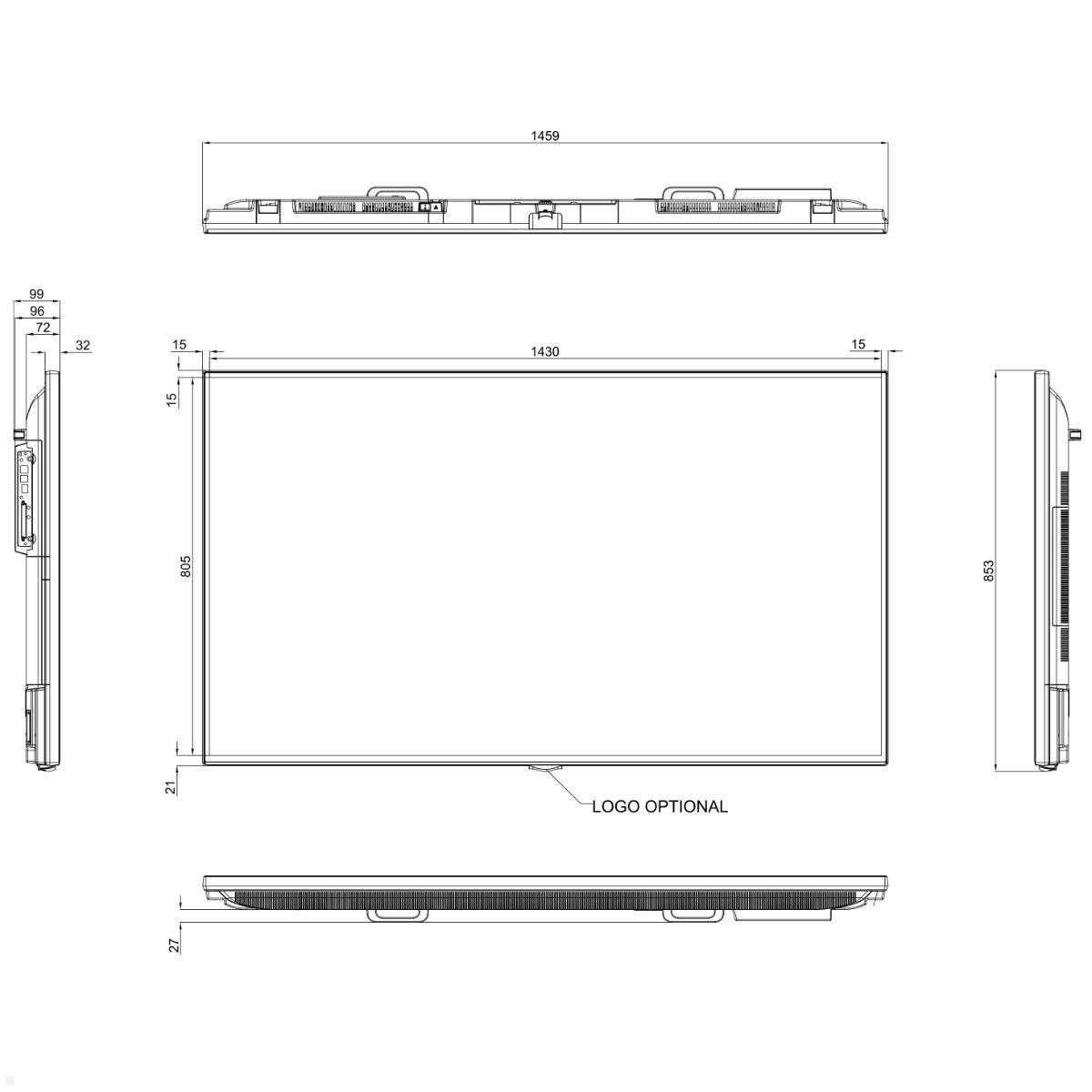 Clevertouch CM Digital Signage Display 65 Zoll LED 4K UHD (1290020EXP), technische Zeichnung Vorderseite