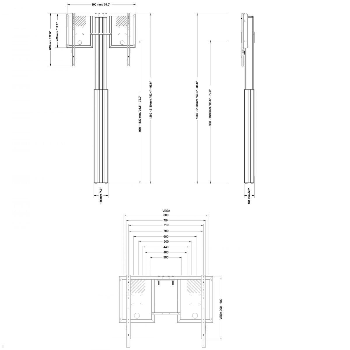 Conen Lite elektrischer TV Boden-Wandhalter 42-86 Zoll 900 mm Hub, silber, technische Zeichnung