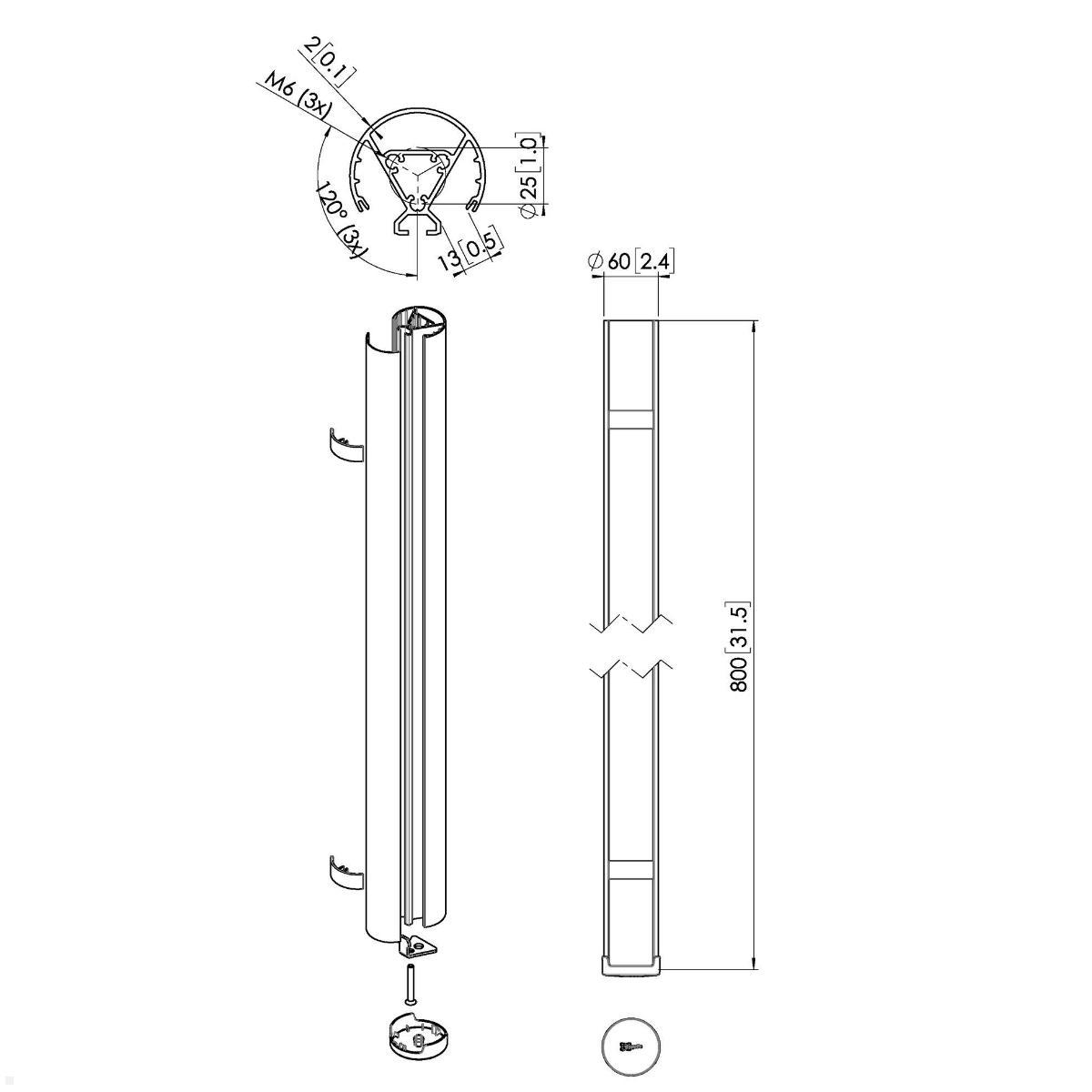 Vogels Connect-It PUC 2408 - 80 cm Säule für Deckenhalterung, schwarz, Zeichnung Maße