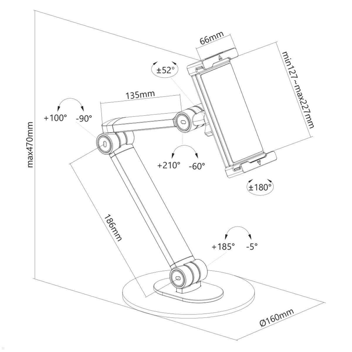 Neomounts Tablet Tischständer bis 12,9 Zoll 3 Drehpunkte, weiß, technische Zeichnung