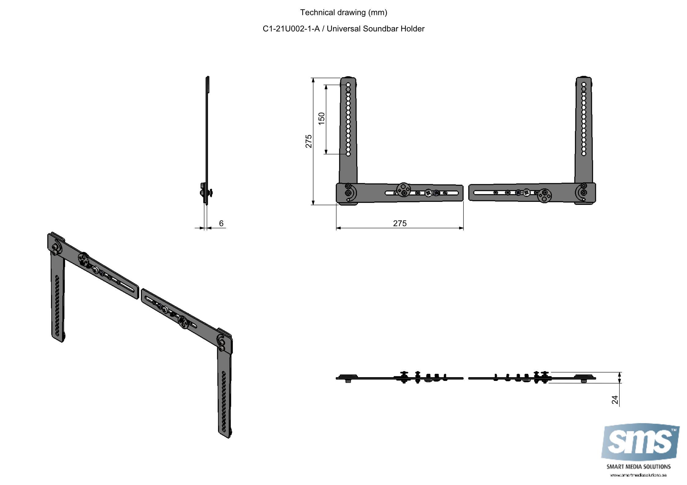 SMS Icon Universal Soundbar Halterung, schwarz (C121U002-1A) technische Zeichnung