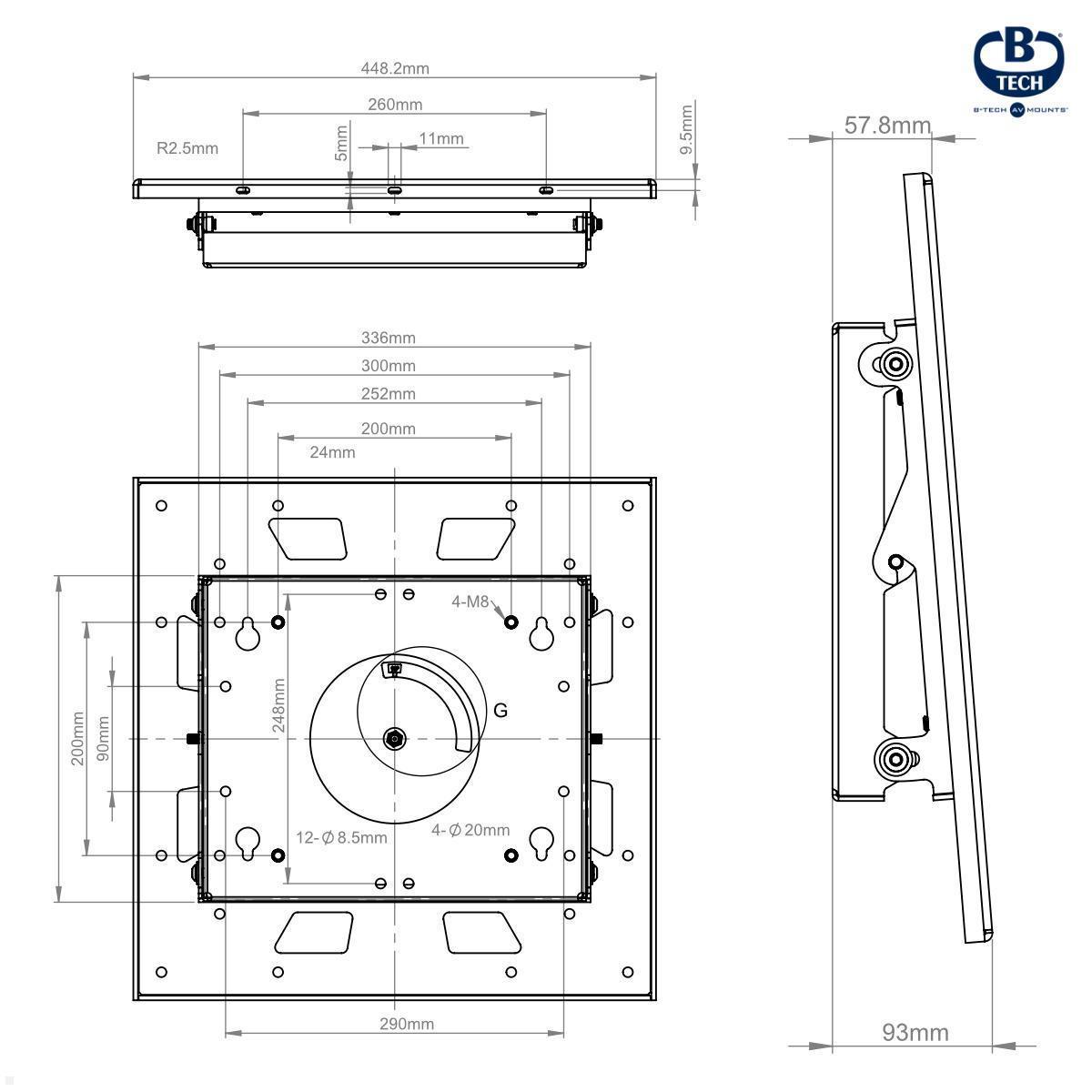 B-Tech BT7550 TV Wandhalter 90Grad Drehung/Pivot bis 65Zoll, 70kg, schwarz technische Zeichnung 