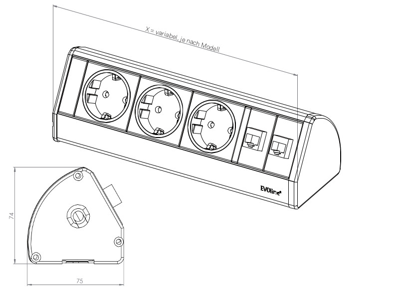 EVOline Dock DESK 3x Schuko mit slide stops Zeichnung