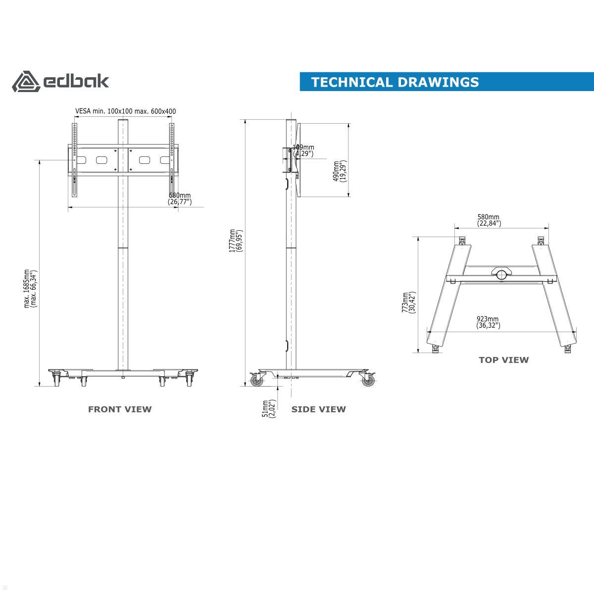 Edbak TR5E mobiler TV Ständer höhenverstellbar 42 - 65 Zoll, Edelstahl technische Zeichnung