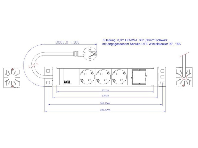 Bachmann UNIVERSAL Steckdoseneinheit 3x Steckdose 1x Custom Module (922.0111) Maße