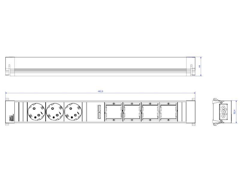 Bachmann CONFERENCE / TOP FRAME 8-fach 3x Steckdose, 4x CM, 1x USB (909.0057) Zeichnung