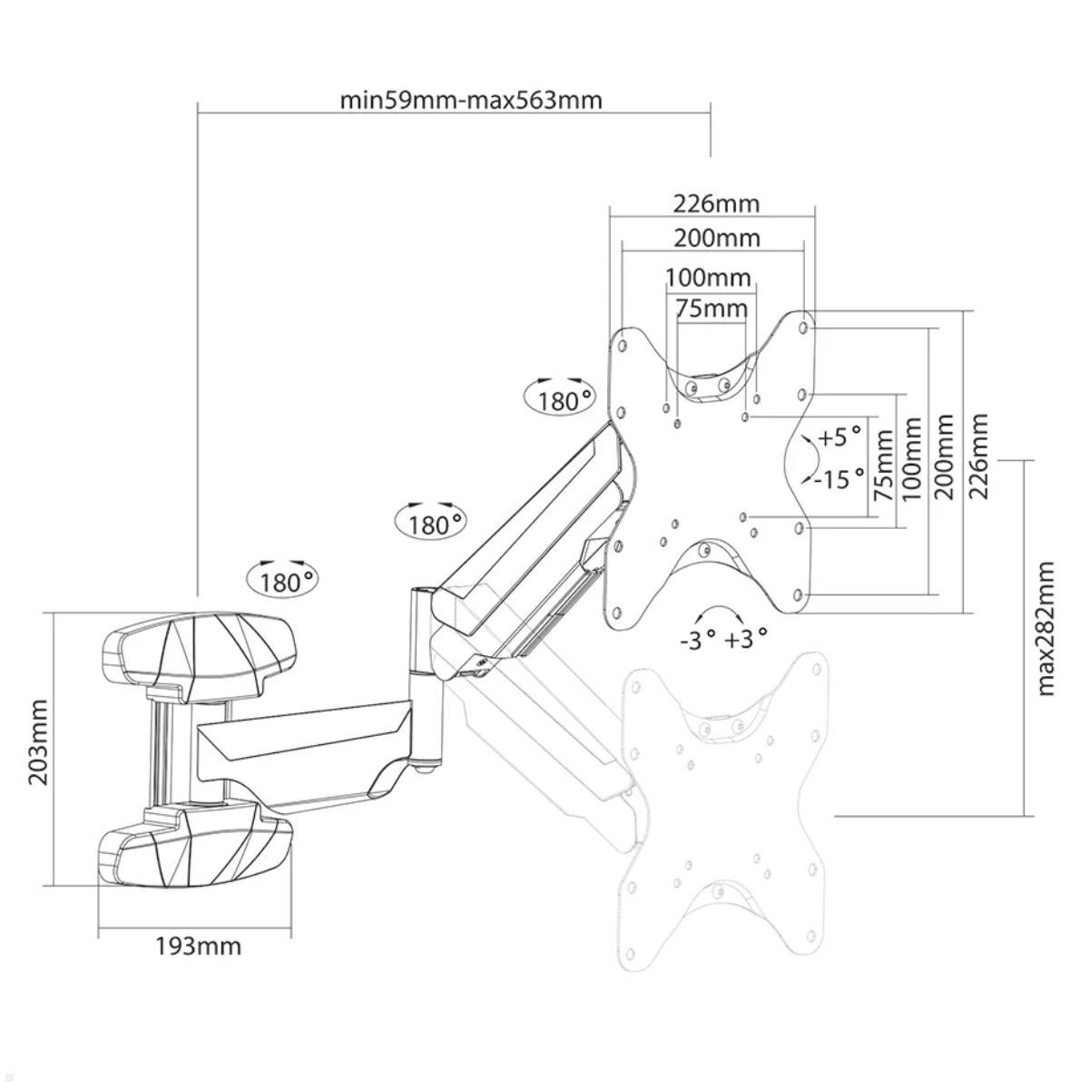 Neomounts WL70-550BL12 schwenkbare TV Wandhalterung 23-42 Zoll, schwarz, technische Zeichnung