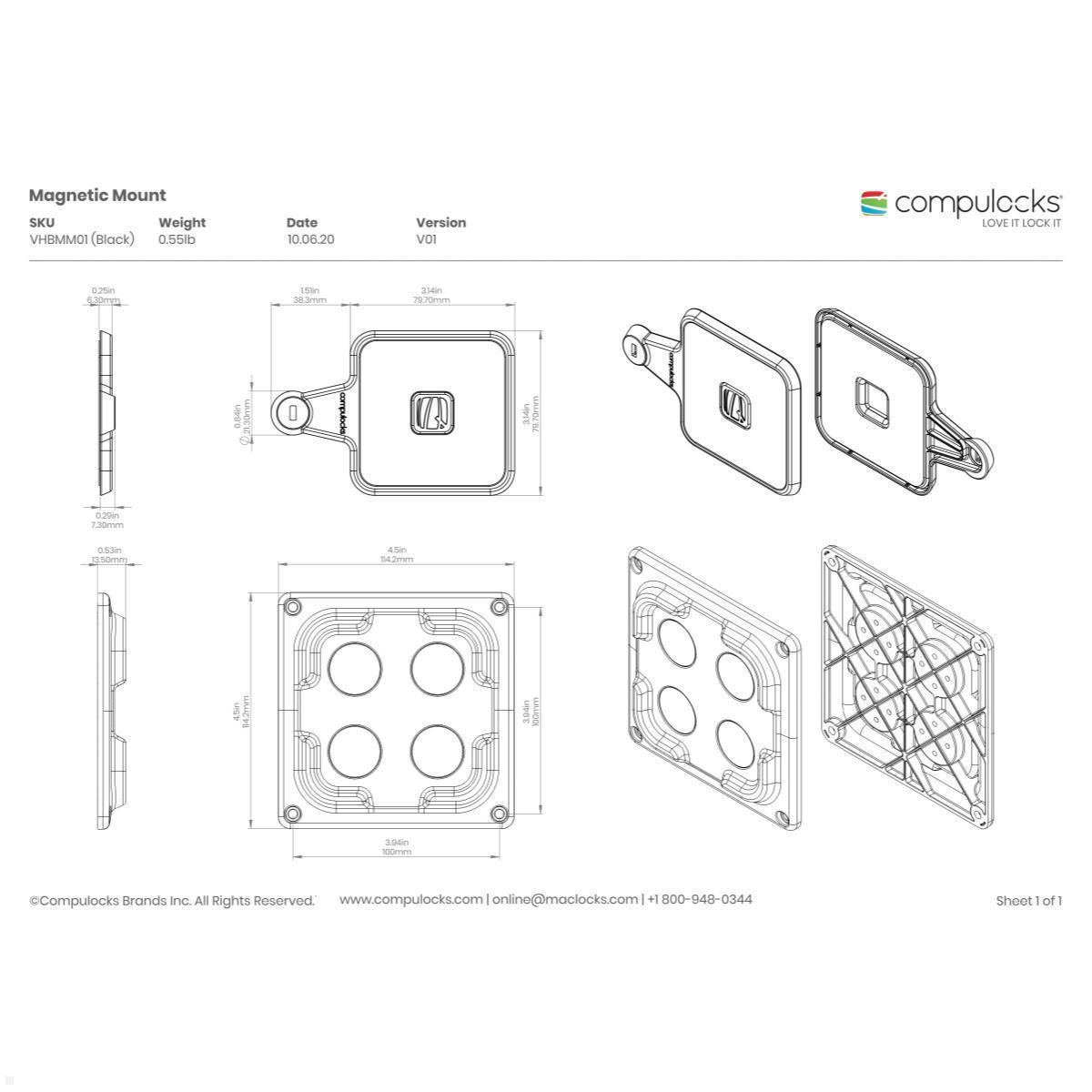 Universal Tabletständer, Compulocks Magnetix, Technische Zeichnung Magnethalter