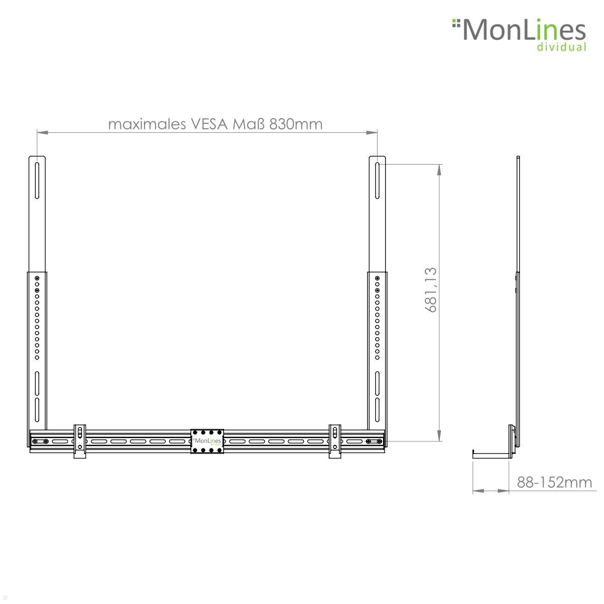 MonLines SBH004 Soundbar Halterung universal bis 86 Zoll, schwarz technische Zeichnung