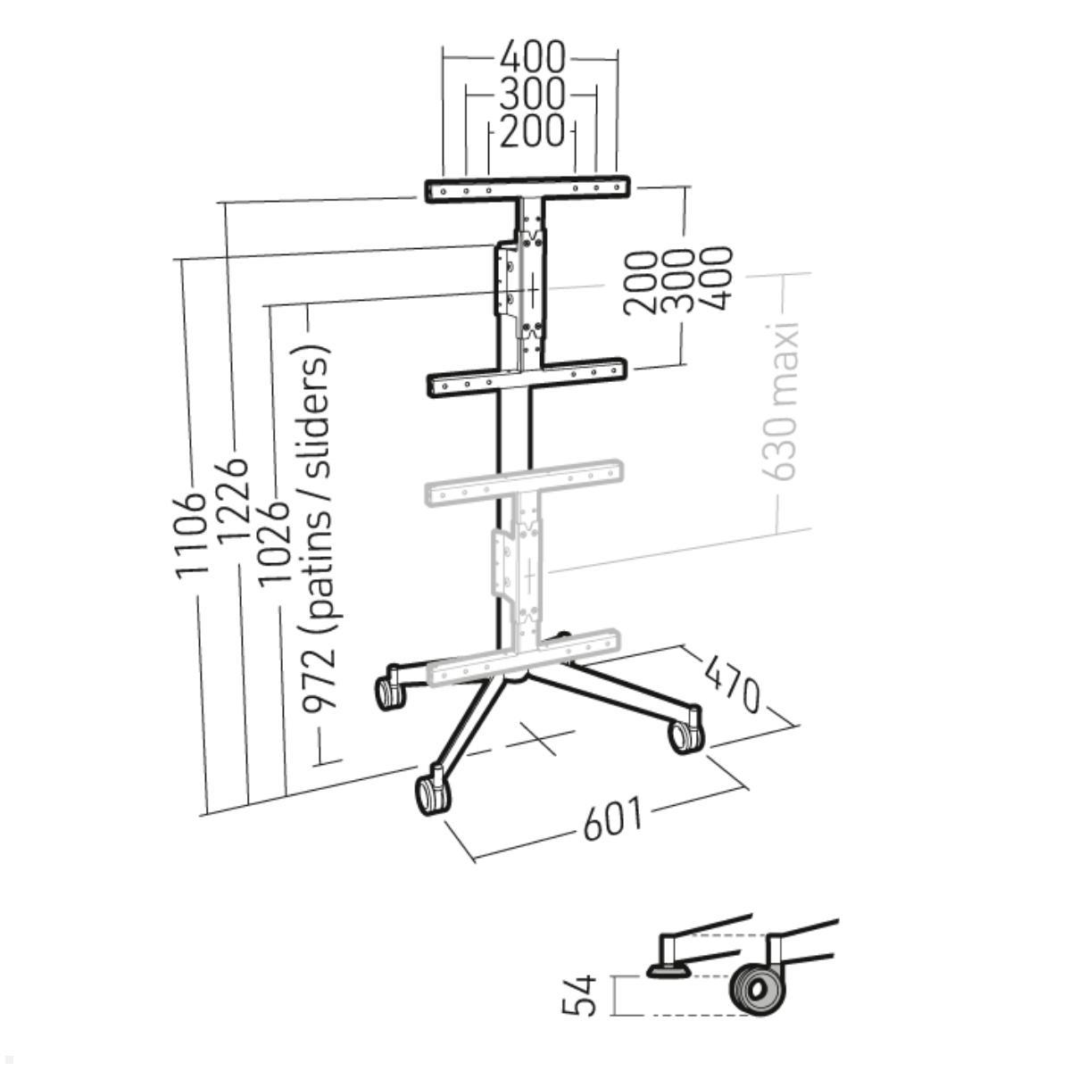 Erard KANA 1200L mobiler TV Ständer 30-55 Zoll, silber / schwarz, Abmessungen mit Rollen