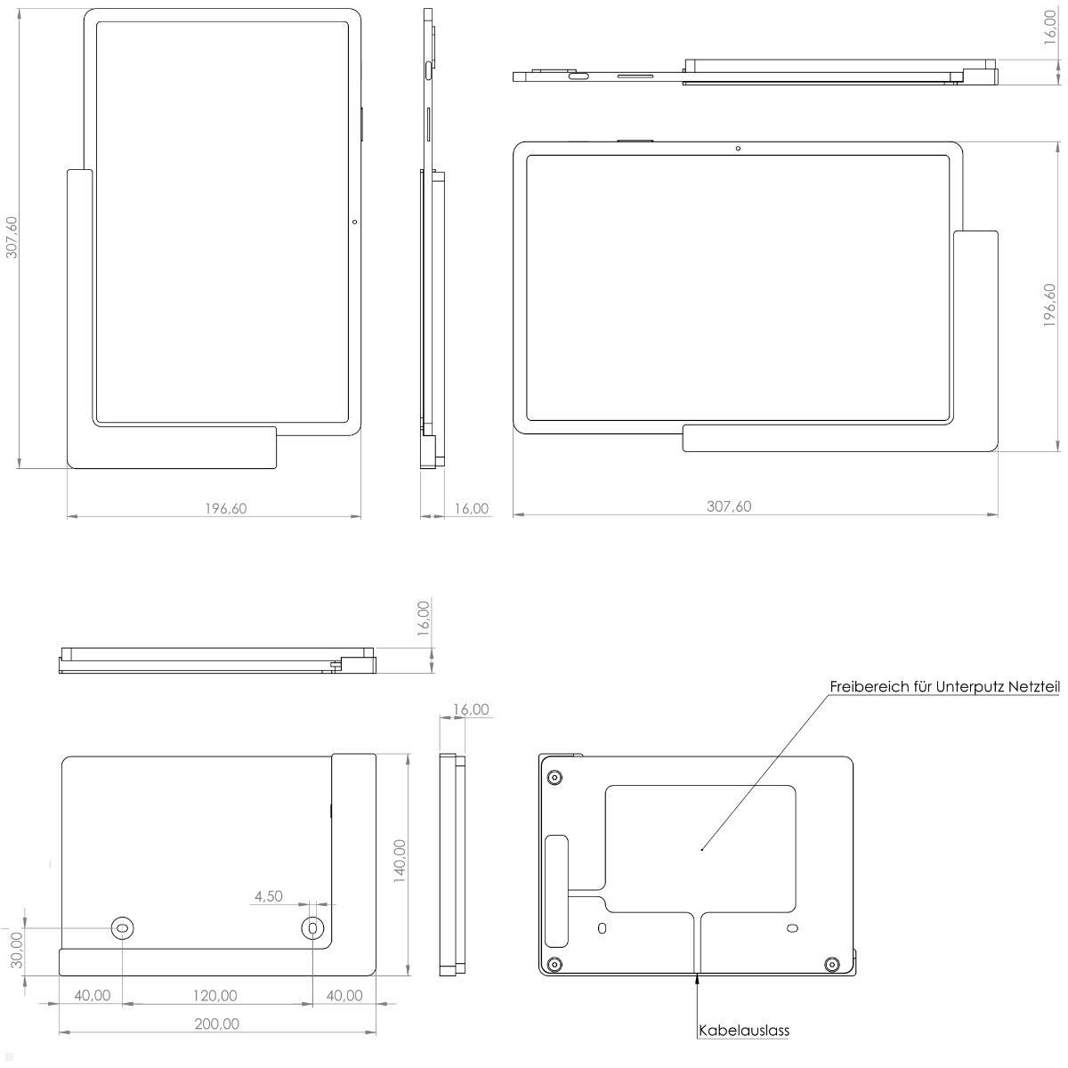 TabLines TWP042W Wandhalterung für Samsung Tab S10+ 12.4, weiß, technische Zeichnung