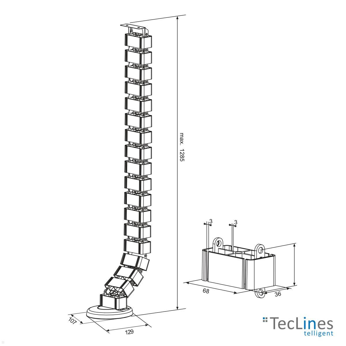 TecLines TKF001B Kabelführung für Steh-Sitz Tisch 128,5 cm, schwarz technische Zeichnung