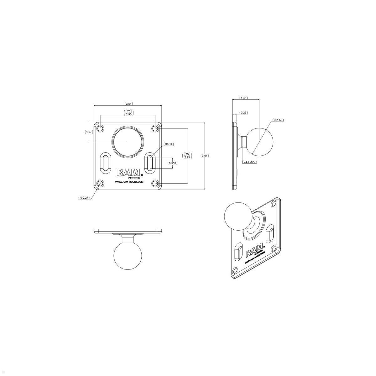 RAM Mounts VESA-Platte 75x75 mm C-Kugel 1,5 Zoll (RAM-2461U), Zeichnung Maße