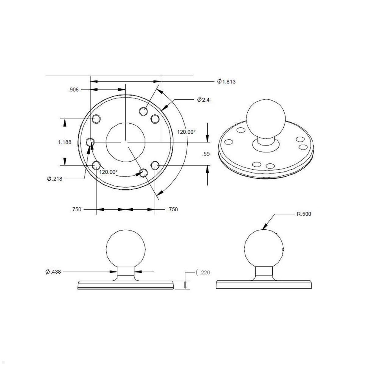 RAM Mounts Basisplatte rund mit B-Kugel 1 Zoll (RAM-B-202U), Zeichnung Maße