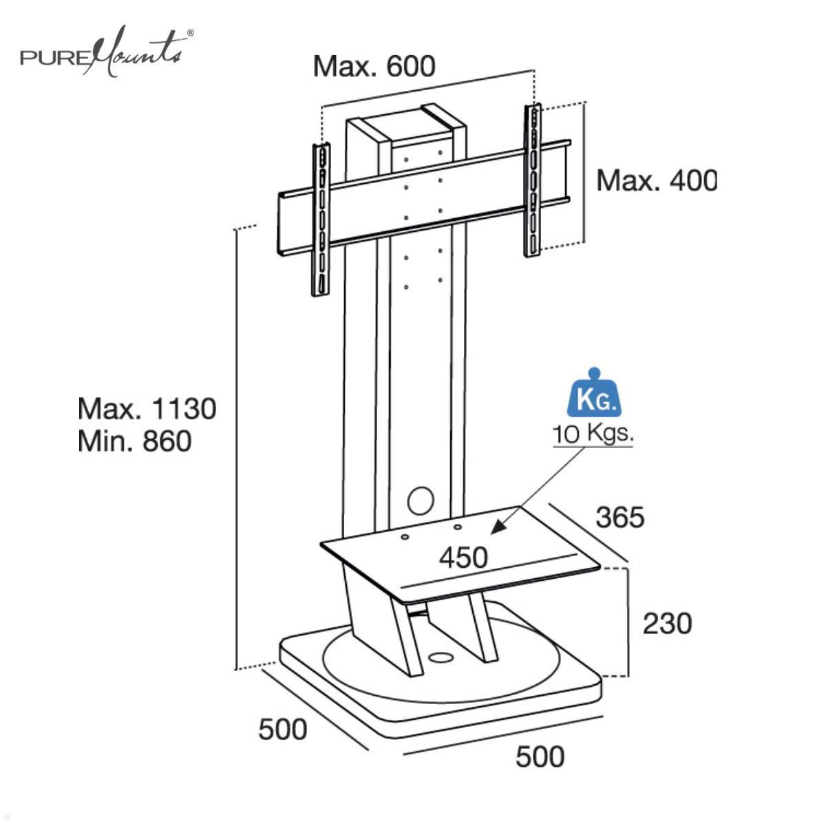 PureMounts GI-PM-140S mobiler TV Ständerbis 75 Zoll, höhenverstellbar, drehbar technische Zeichnung