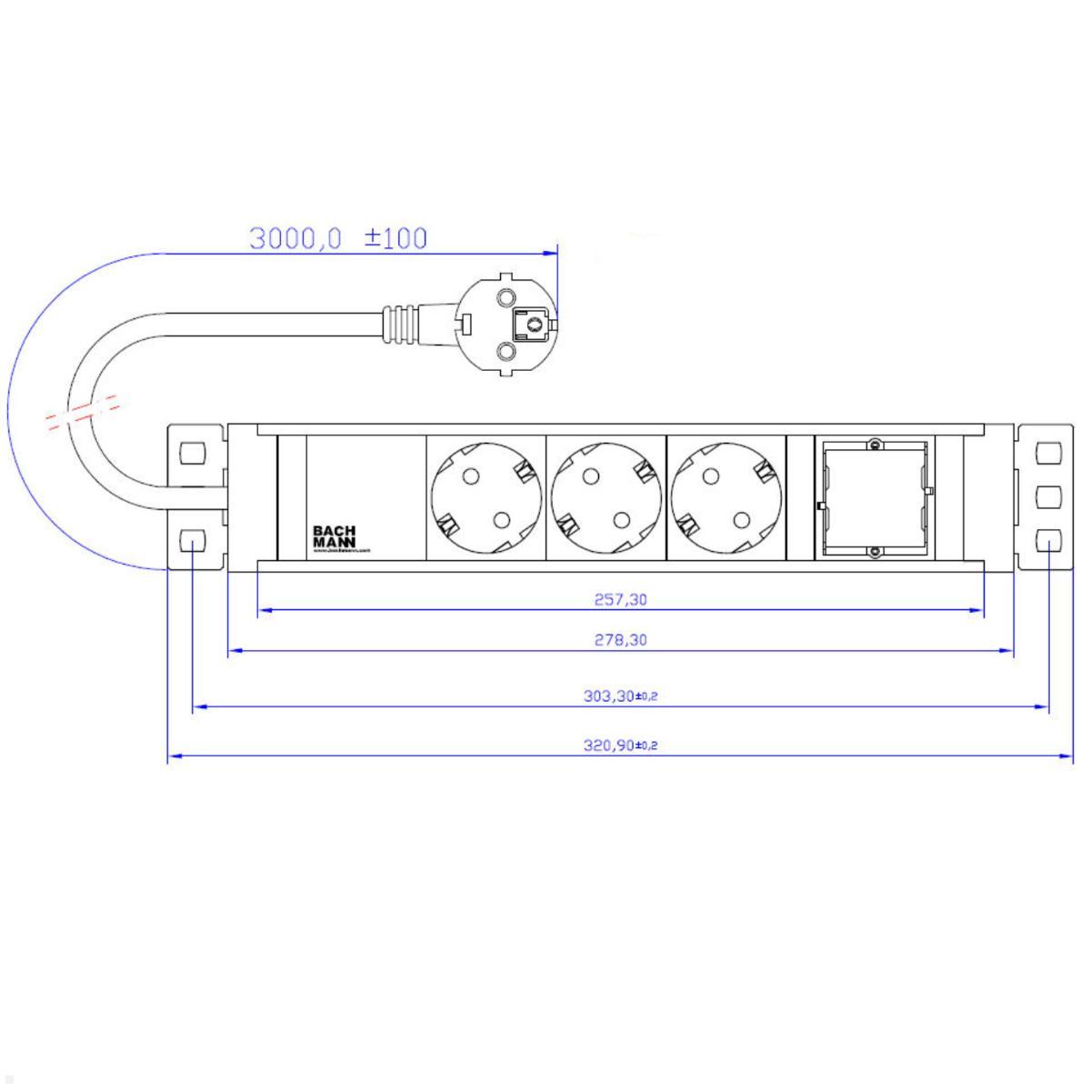 Bachmann UNIVERSAL Steckdosenleiste 3x Steckdose 1x CAT6A 1x HDMI (922.0111HC), technische Zeichnung Steckdosenleiste