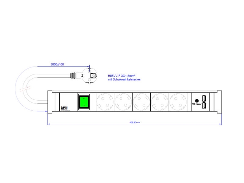 Bachmann CONNECT LINE Schutzkontaktsteckdose 5-fach, 1x Schalter, 1x USB (420.0021) Maße