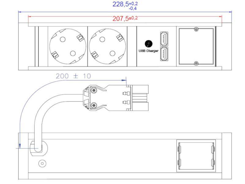 Bachmann VENID 2x Steckdose 1x USB Doppel Charger 1x CM (936.001) technische Zeichnung