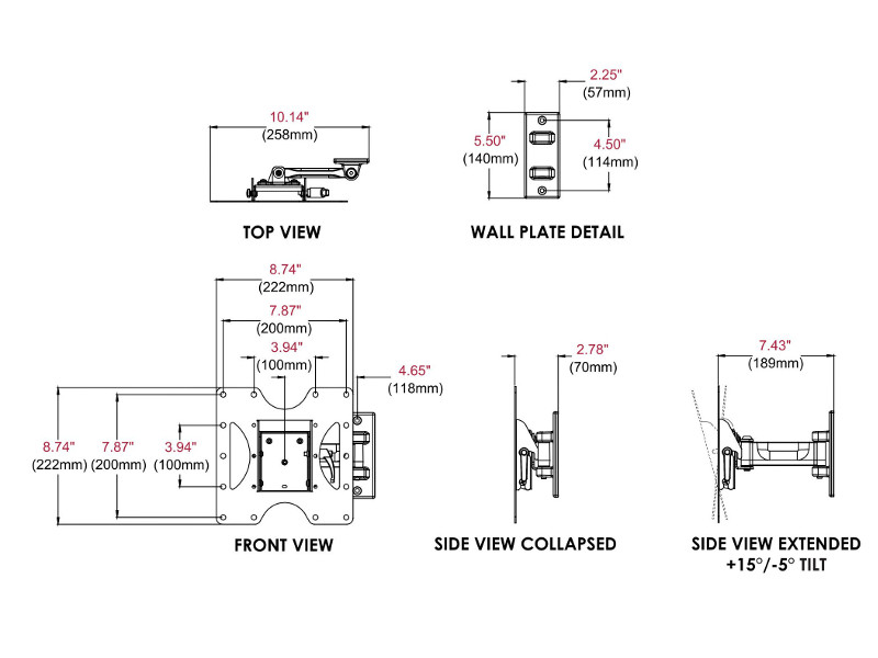 Peerless PP740 Paramount schwenkbare Wandhalterung Zeichnung