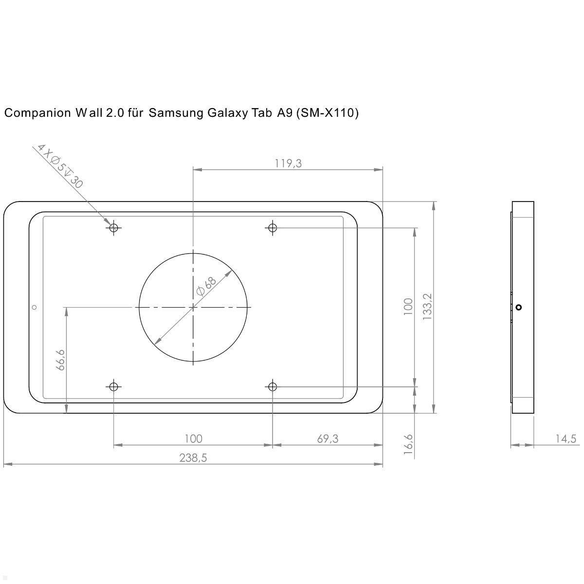 Displine Companion Wall 2.0 Wandhalter für Samsung Tab A9 8.7, weiß, technische Zeichnung