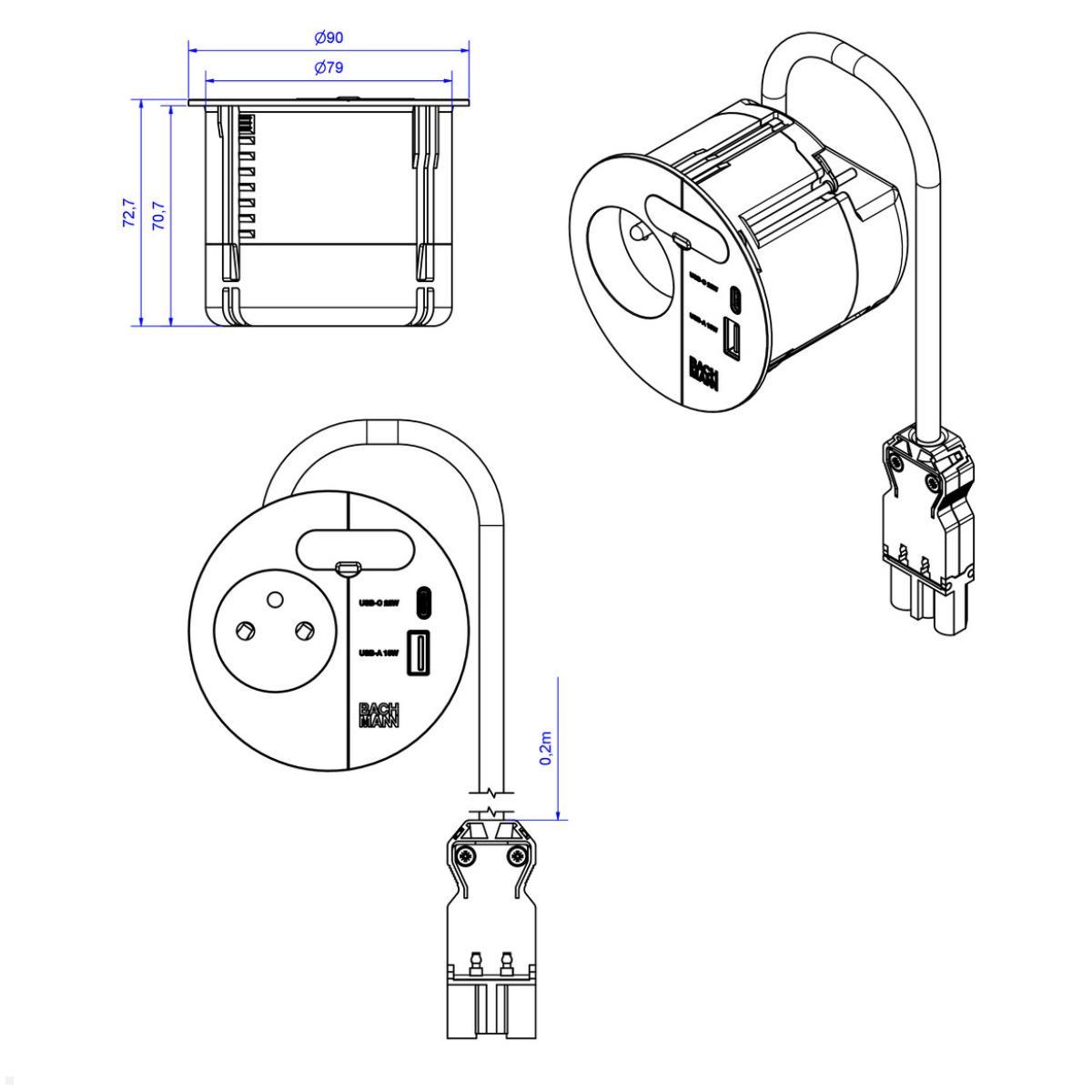 Bachmann LOOP IN CHARGE UTE Steckdose USB A/C Montagestecker, schwarz (938.204), technische Zeichnung