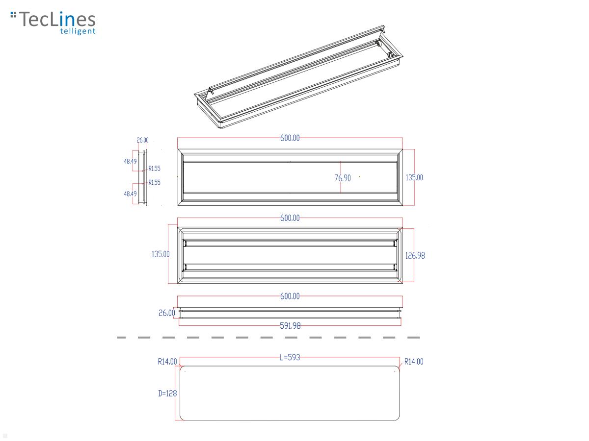 TecLines TKD010W Tisch Kabeldurchführung 135x600mm, Alu/weiß technische Zeichnung