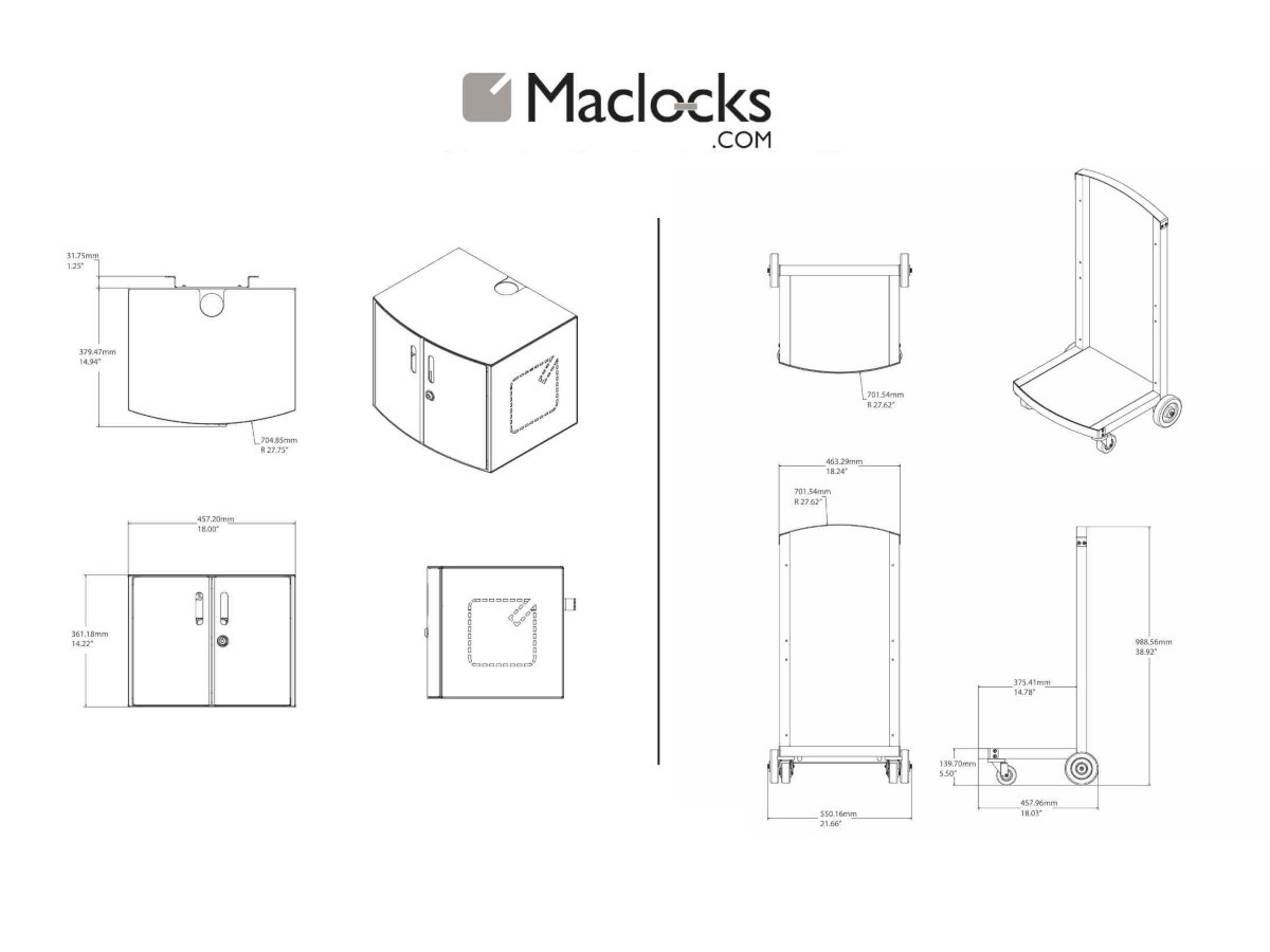 Compulocks DUO CartiPad Tablet/Laptop Ladeschrank Trolley für 32 Geräte technische Zeichnung