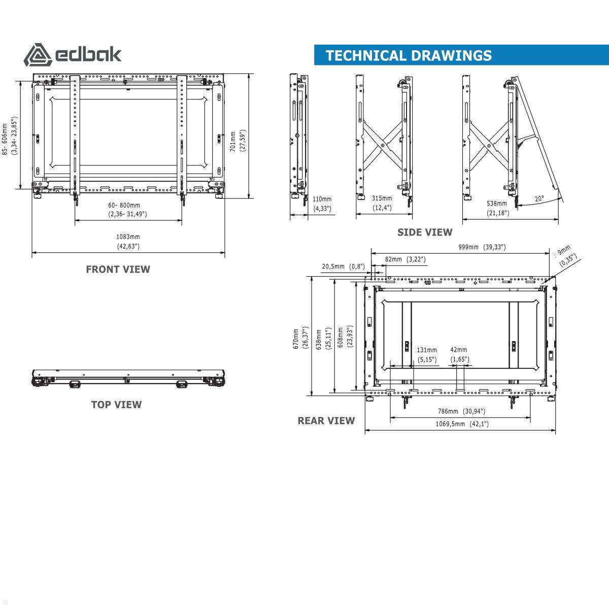 Edbak VWPOP95-L Pop-Out Videowall Wandhalterung bis 98 Zoll, querformat technische Zeichnung