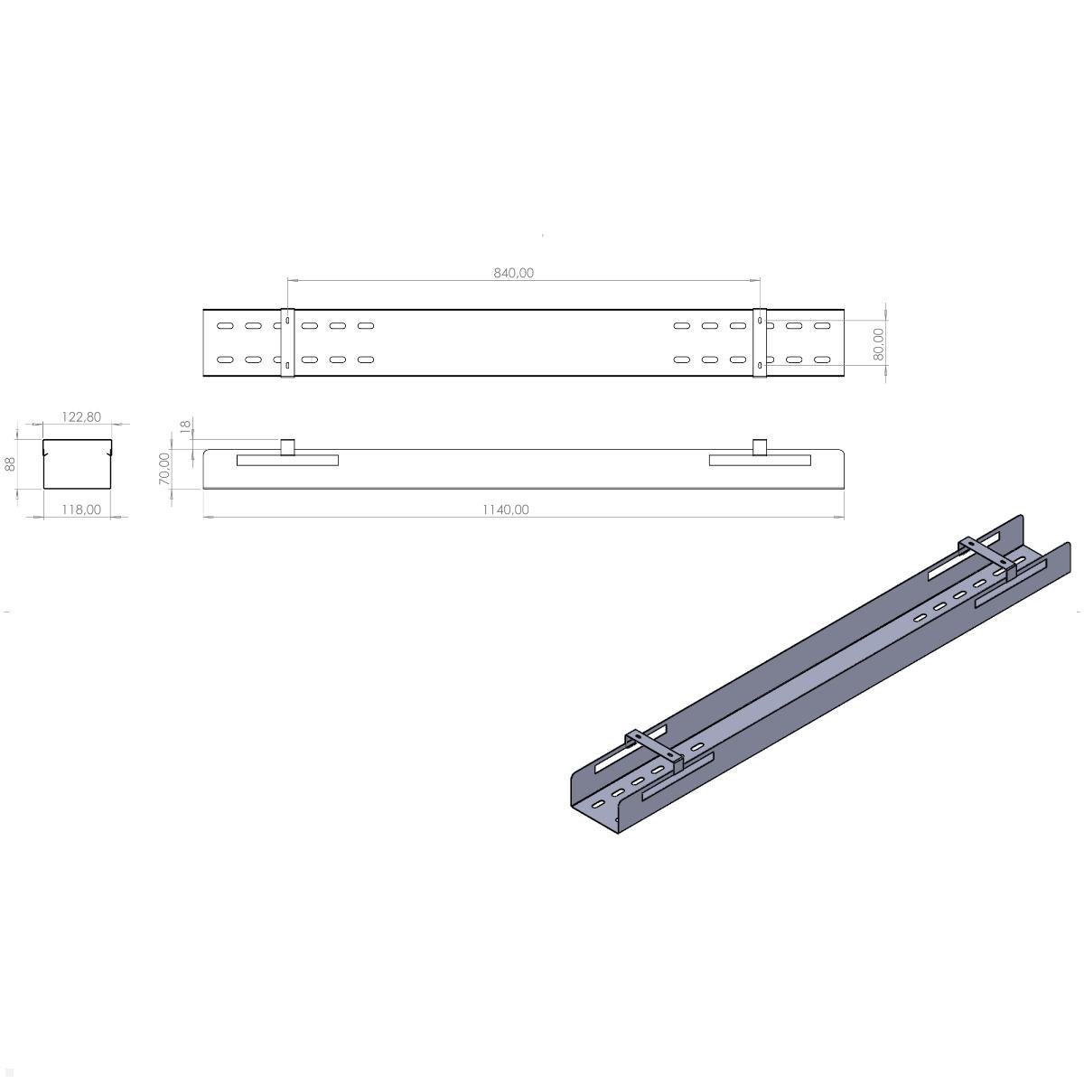 TecLines TKW007B Schreibtisch Kabelwanne mit Klemmhalter 1140 mm, schwarz technische Zeichnung