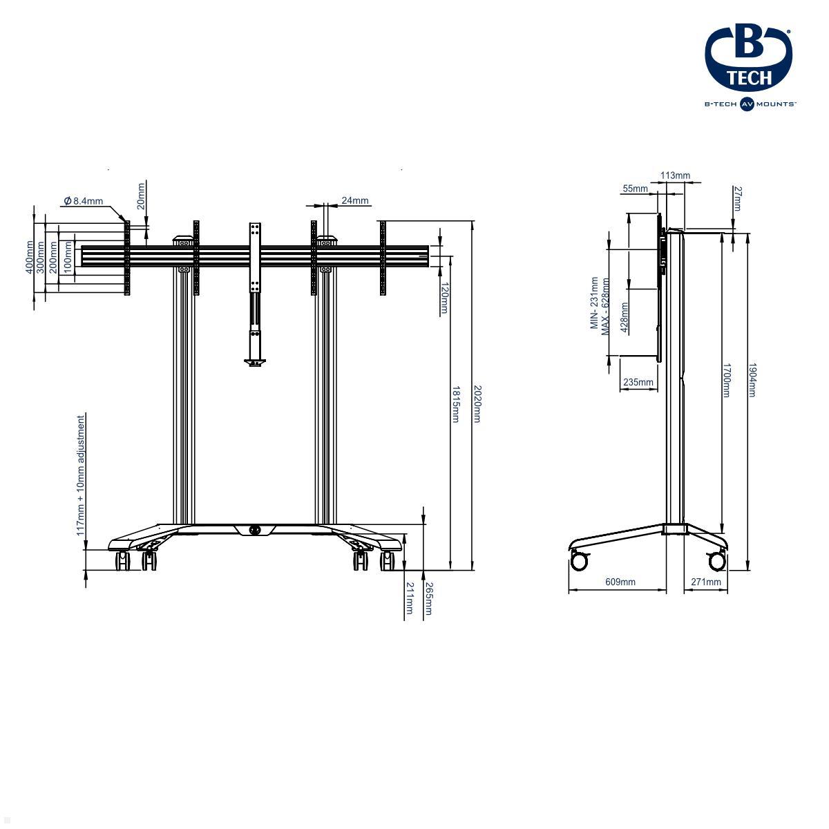 B-Tech BT8516/B Mobiler Monitorständer für 2 Bildschirme bis 65 Zoll, schwarz technische Zeichnung