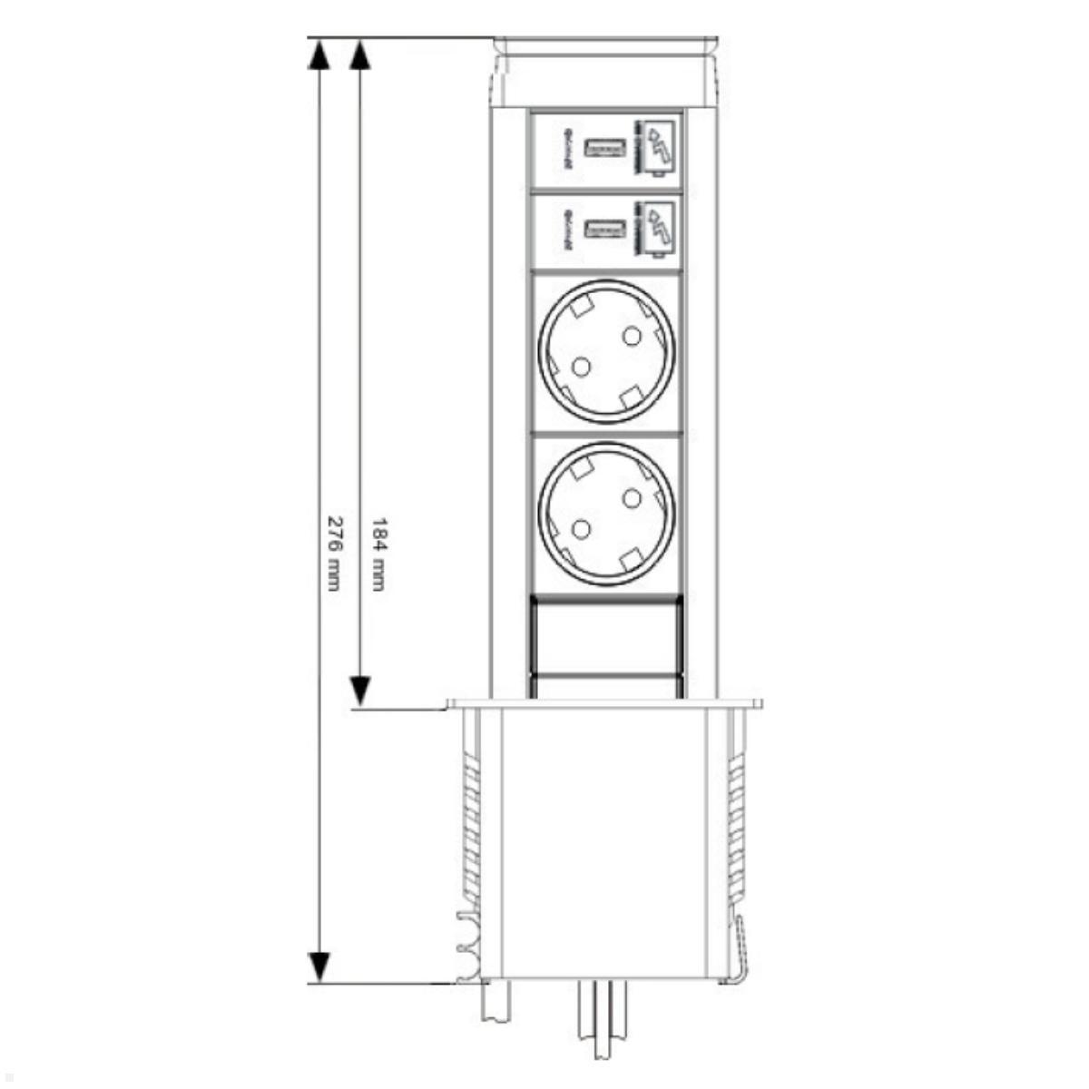 EVOline Port Push 2-fach Einbausteckdose, 2x USB, Skizze