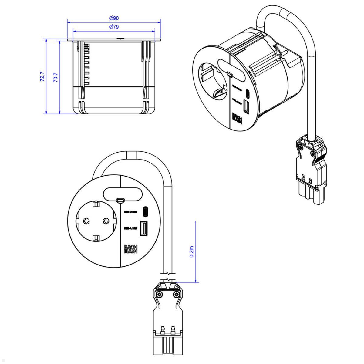 Bachmann LOOP IN CHARGE Steckdose USB A/C Montagestecker, schwarz (938.203), technische Zeichnung