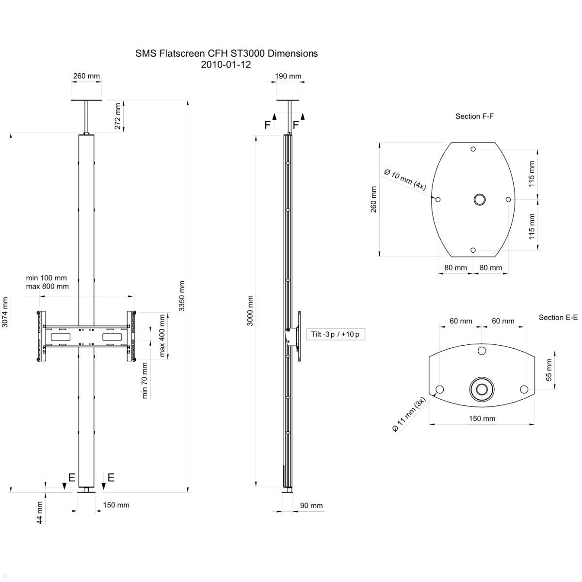 SMS Flatscreen CFH ST 3000 EU Boden-Deckenhalterung silber (PL071004EU-P0), technische Zeichnung