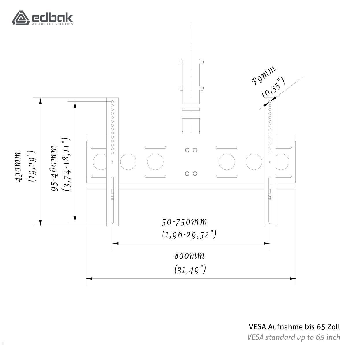 Edbak CMS21+XWB1 höhenverstellbare TV Deckenhalterung 37-95 Zoll, schwarz technische Zeichnung VESA Aufnahme bis 65 Zoll