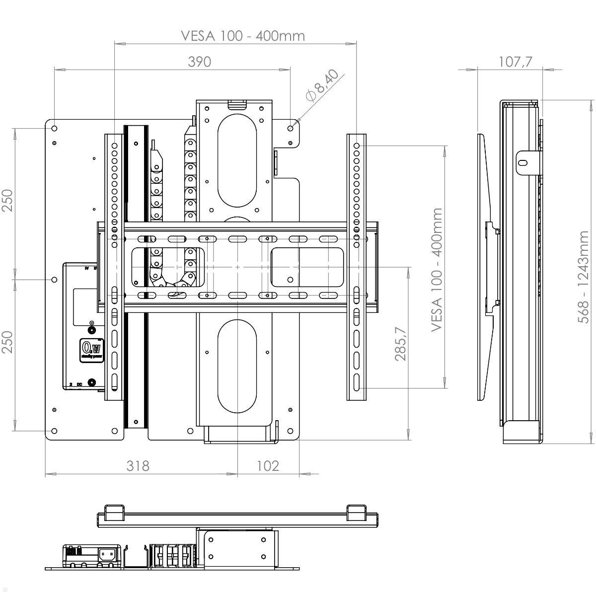 Monlines MLW1000B myTVLift Wandhalterung elektrisch, 1000mm, schwarz technische Zeichnung