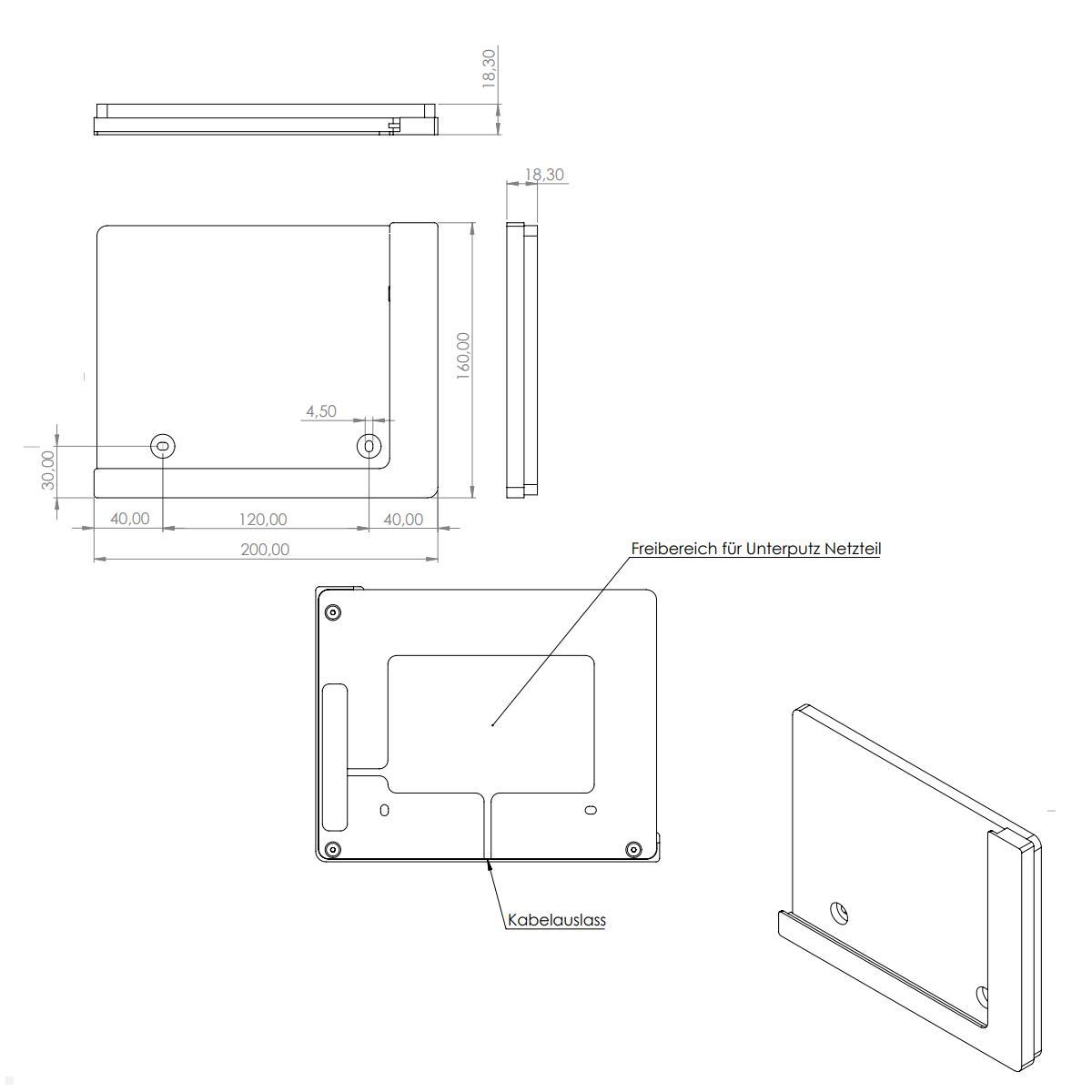 TabLines TWP011B Wandhalterung für iPad Pro 12.9 (5.Gen.) 2021, schwarz, Zeichnung Maße Rückwand