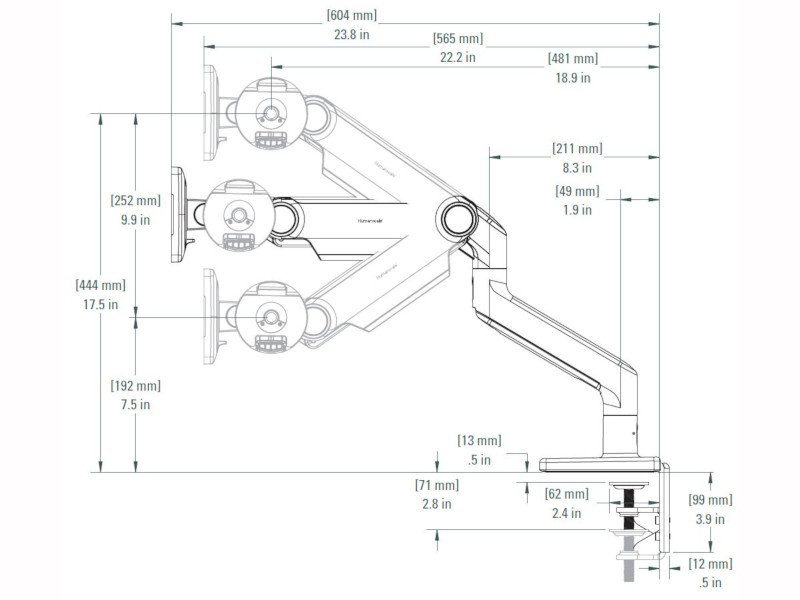 Humanscale M8.1 Monitor Tischhalterung für Apple Pro Display XDR, silber Zeichnung Monitorarm