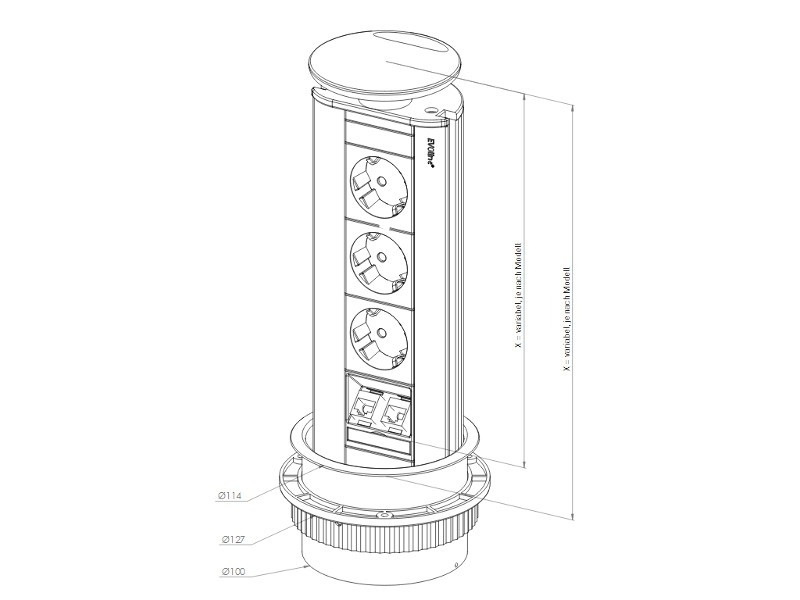 EVOline Port dreifache Steckdose, silber/schwarz Maße