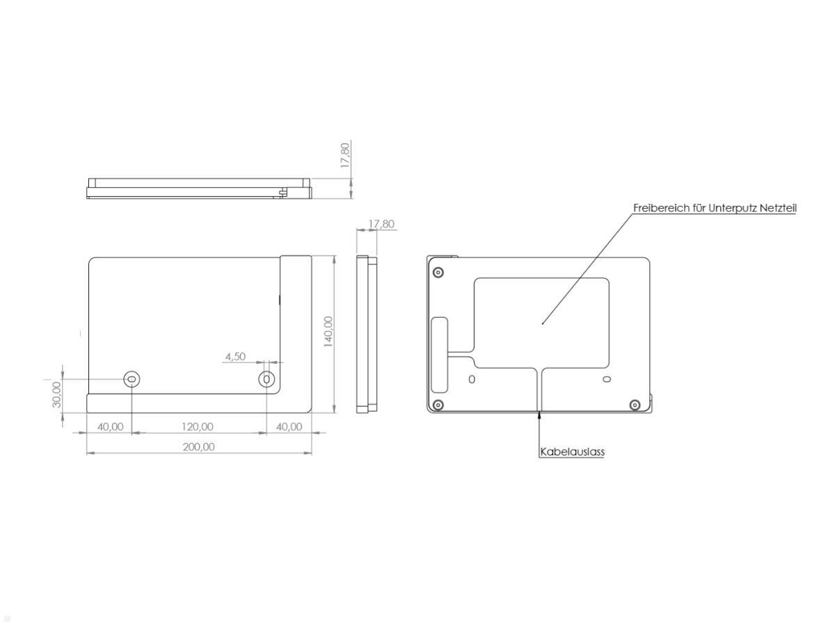 TabLines TWP003W Wandhalterung für iPad Pro 11.0, weiß, Zeichnung Maße Installation