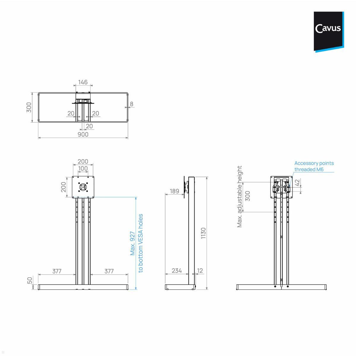 Cavus EDGE100B22 TV Bodenständer 1000 mm Säule VESA 200x200, schwarz technische Zeichnung