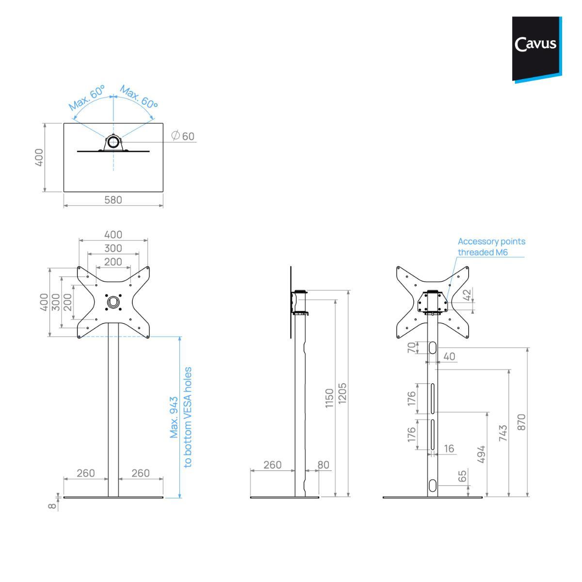 Cavus SQUARE120B44 TV Standfuß rechteckig 32 - 65 Zoll, Säule 120 cm, schwarz technische Zeichnung