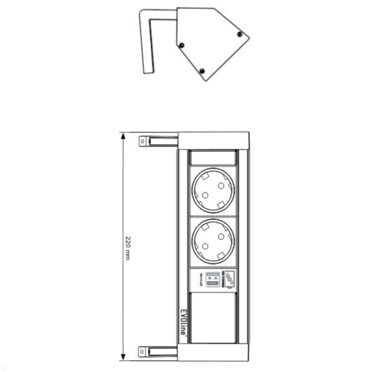 EVOline DockSquare 2-fach Steckdose USB-A/C, Leermodul und Befestigungszwinge, Skizze